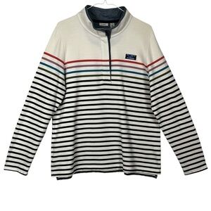L.L. Bean Cream & Black Striped Quarter-Zip Sweatshirt with Red and Teal Accents